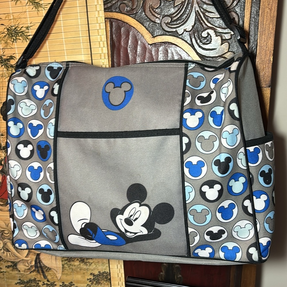 Disney Baby Diaper Bottle Shoulder Mickey Bag Grey Blue Canvas GUC 14”Lx11”Hx5”